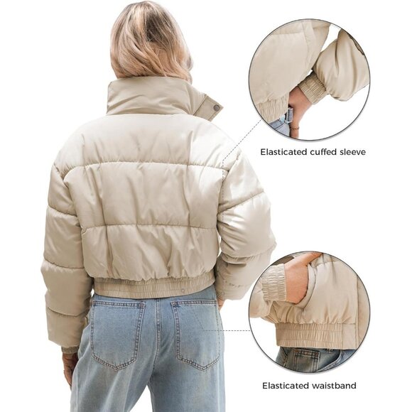 Women’s Crop Jacket Puffer Jacket Long Sleeve Stand Collar Zipper Coat Apricot - Picture 3 of 5